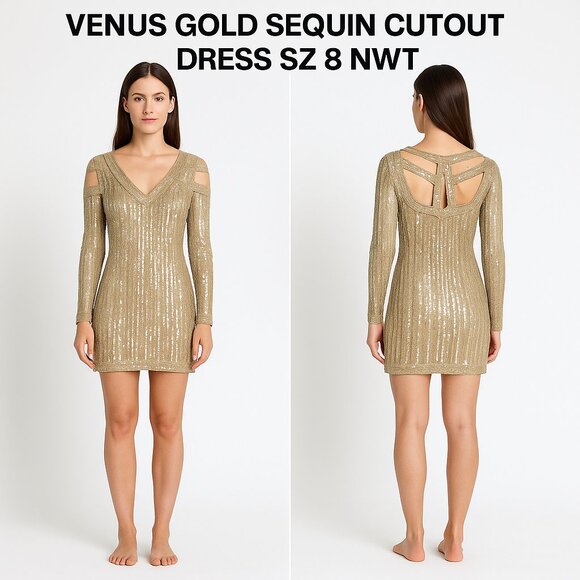 VENUS GOLD SEQUIN CUTOUT DRESS SZ 8 NWOT - Picture 1 of 12